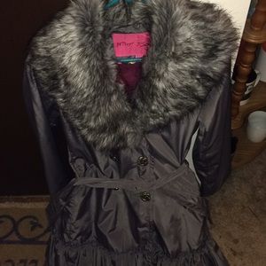 Betsey Johnson Gray Fur Trimmed Fancy Raincoat